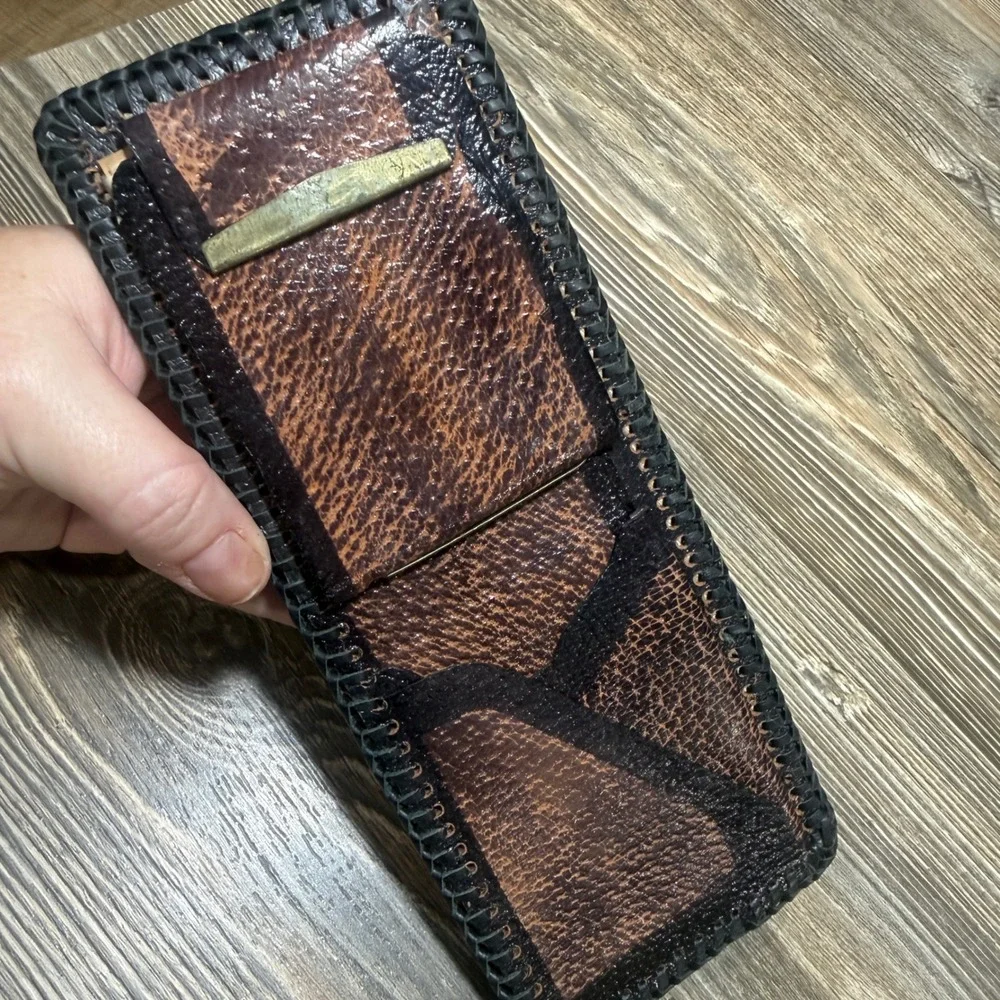 Vintage Tooled Leather Horse Wallet Western Cowboy Black Whipstitch Money Clip